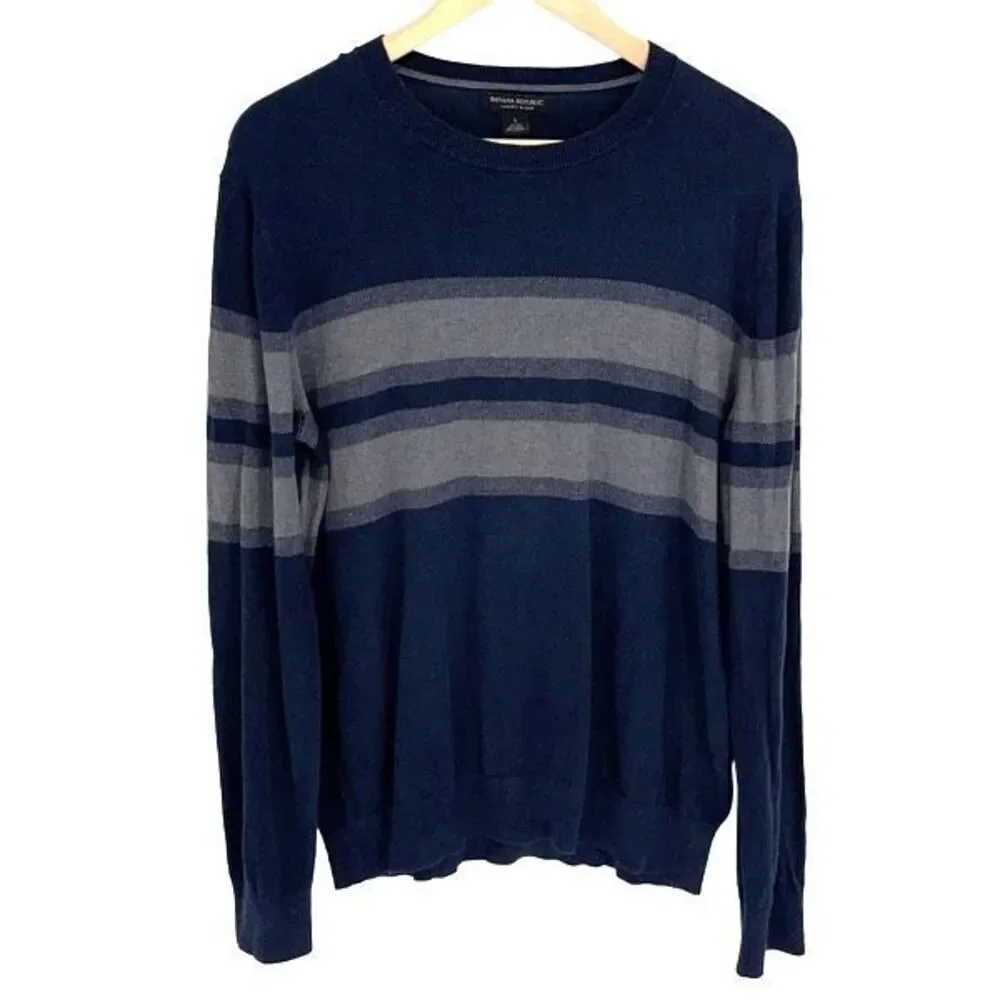 Banana Republic‎ Men's Knit Striped Silk Blend Pullover Sweater Blue Gray Large